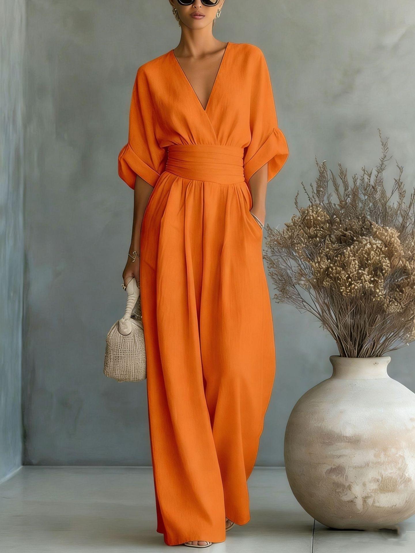 European and American new Amazon solid color elegant waist cinched V-neck temperament women's jumpsuit for women