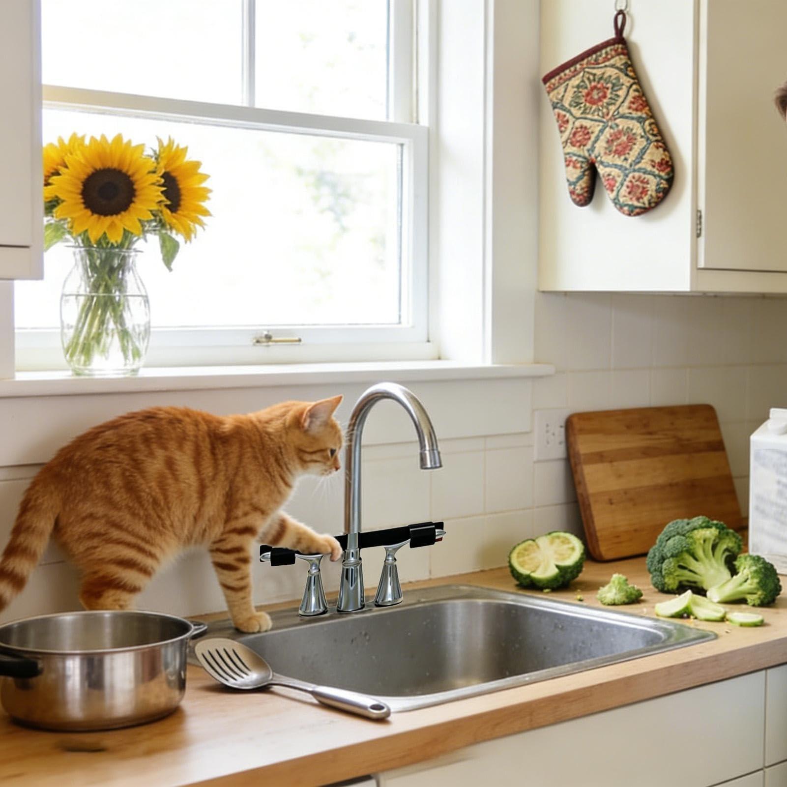 Double Sink Faucet Handle Lock, Anti Slip Universal with Central Pipe Fixation, Pet Proof Sink Faucet Guard, Prevents Accidental Water Flow