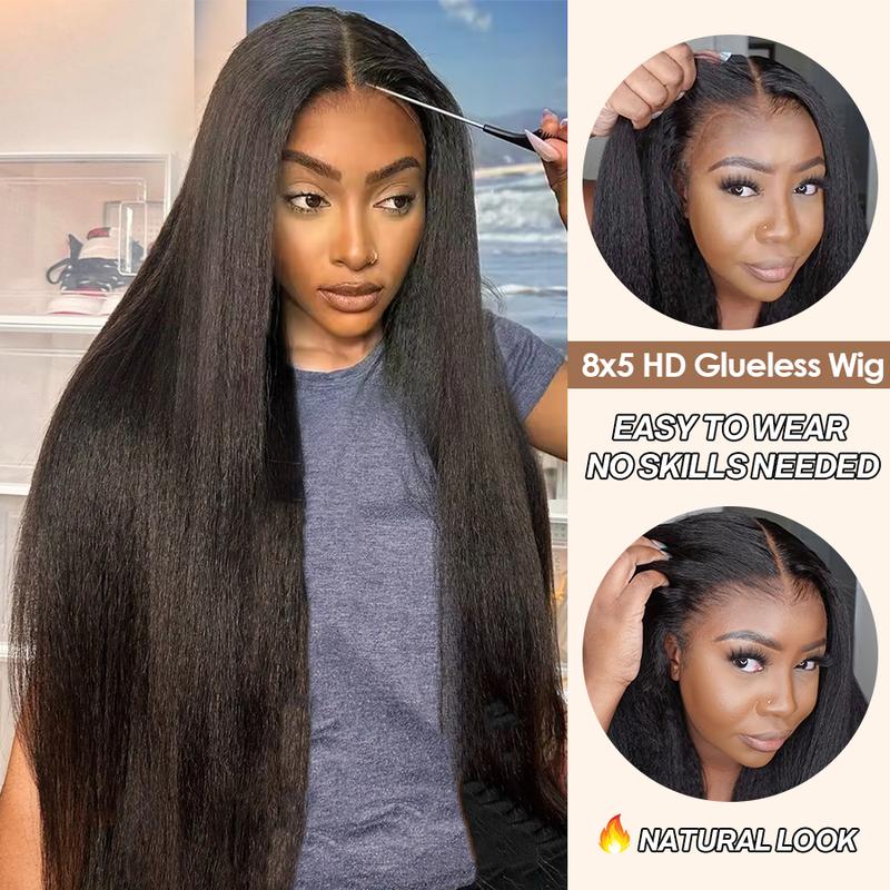 Pizazz Hair Yaki Straight Hair 8x5 Gluess Wigs Pre Cut HD Lace WIgs Preplucked Natural Hairline 220% Density Easy to Install