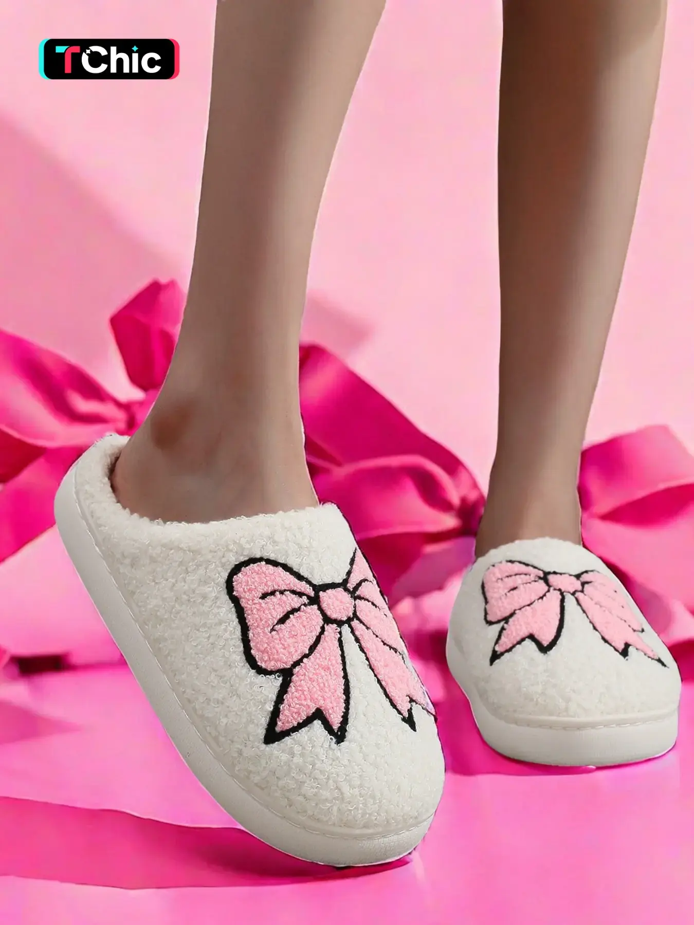 Women's Cute Cartoon Bowknot Pattern Plush Slippers, Casual Soft Comfortable Home Slippers, Warm Soft Sole Slippers for Indoor & Outdoor Use for Fall & Winter, Warm House Slippers