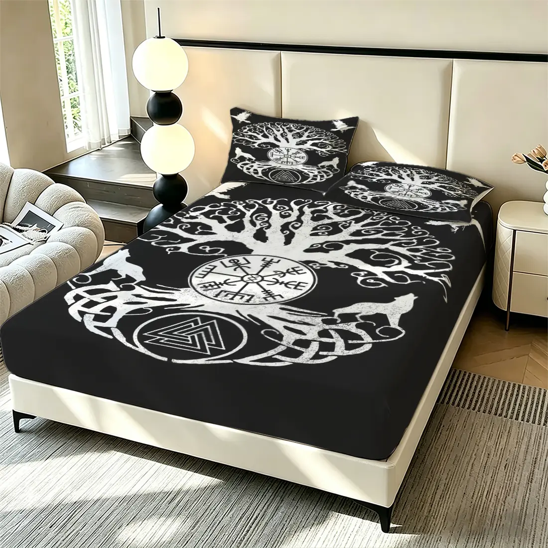 3pcs HD Digital Printed Fitted Sheet Set, Viking Yggdrasil Tree of Life Vegvisir Wolf Bed Sheet Set, Soft Breathable Bedding Set for Mythology Fans, No Fillers, Wrinkle Resistant for Bedroom Guest Dorm