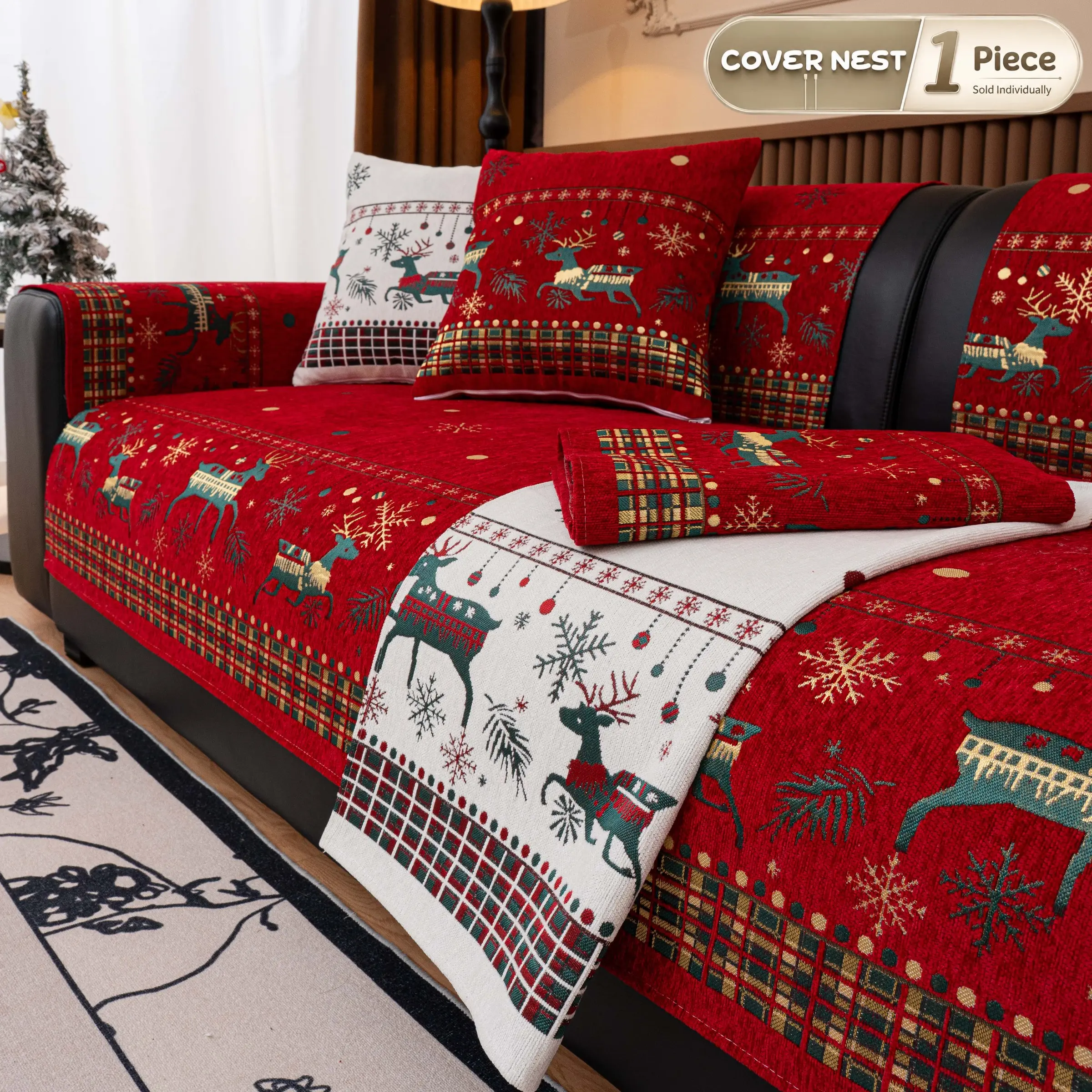 Christmas Couch Covers for Sofa, Sofa Cover for Couch, Pet Friendly Non Slip Sofa Throw Blanket, Soft Holiday Furniture Protector with Reindeer Plaid Print for Dogs & Cats, Bed, Rug, Table Cover & Pet Bed