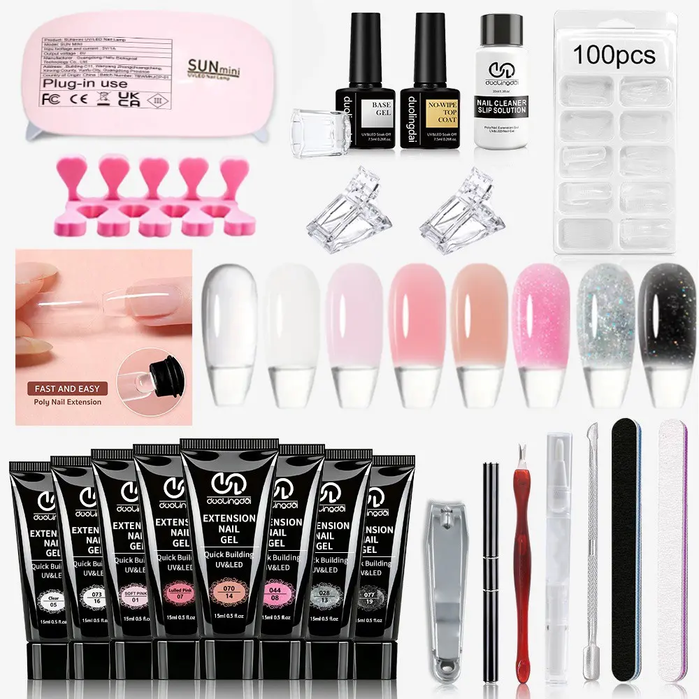 Professional Poly Gel Nail Kit for Beginners, 1 Set Soak off UV Gel LED Lamp Nail Art Kit with Nail File & Nail Stick & Tape & Nail Cleaning Pad, Nail Extension Kit, Poly Gel Nail Kit Complete, Polygel Nail Kit