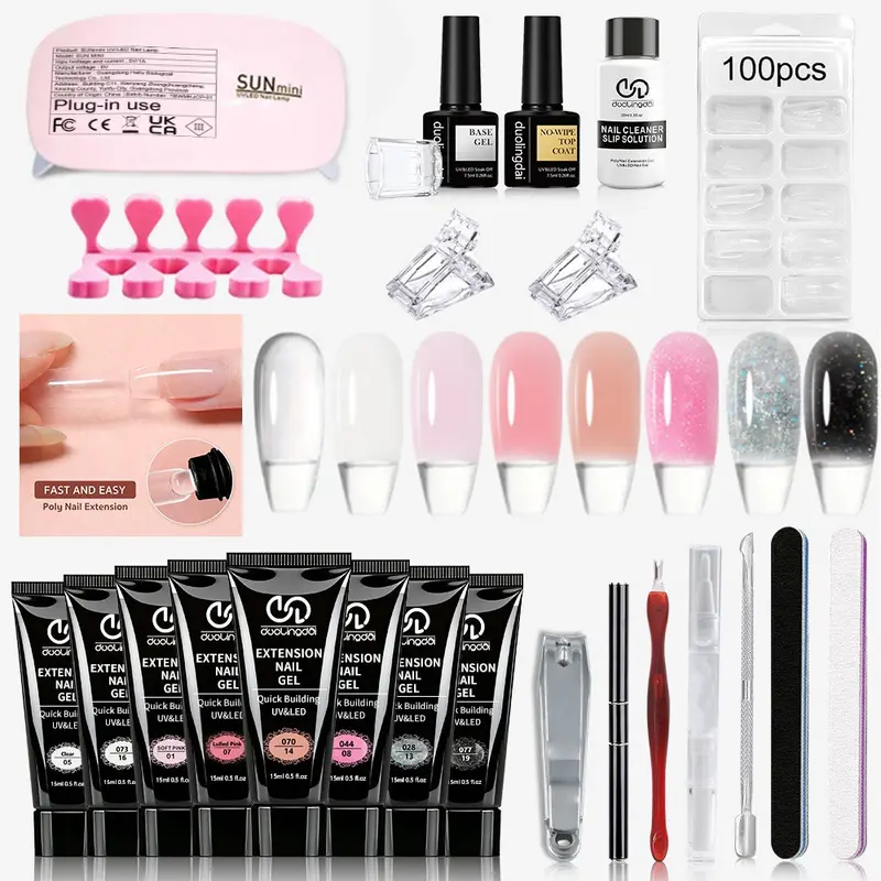 Professional Poly Gel Nail Kit for Beginners, 1 Set Soak off UV Gel LED Lamp Nail Art Kit with Nail File & Nail Stick & Tape & Nail Cleaning Pad, Nail Extension Kit, Poly Gel Nail Kit Complete, Polygel Nail Kit