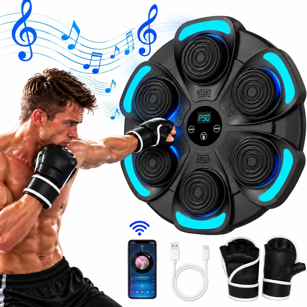 Wall-Mounted Smart Boxing Machine with Music, Bluetooth Interactive Punching Trainer with LED Display, 9 Modes and 9 Speed Levels, Adjustable Training Design, Boxing Gloves Included for Home Gym Workouts