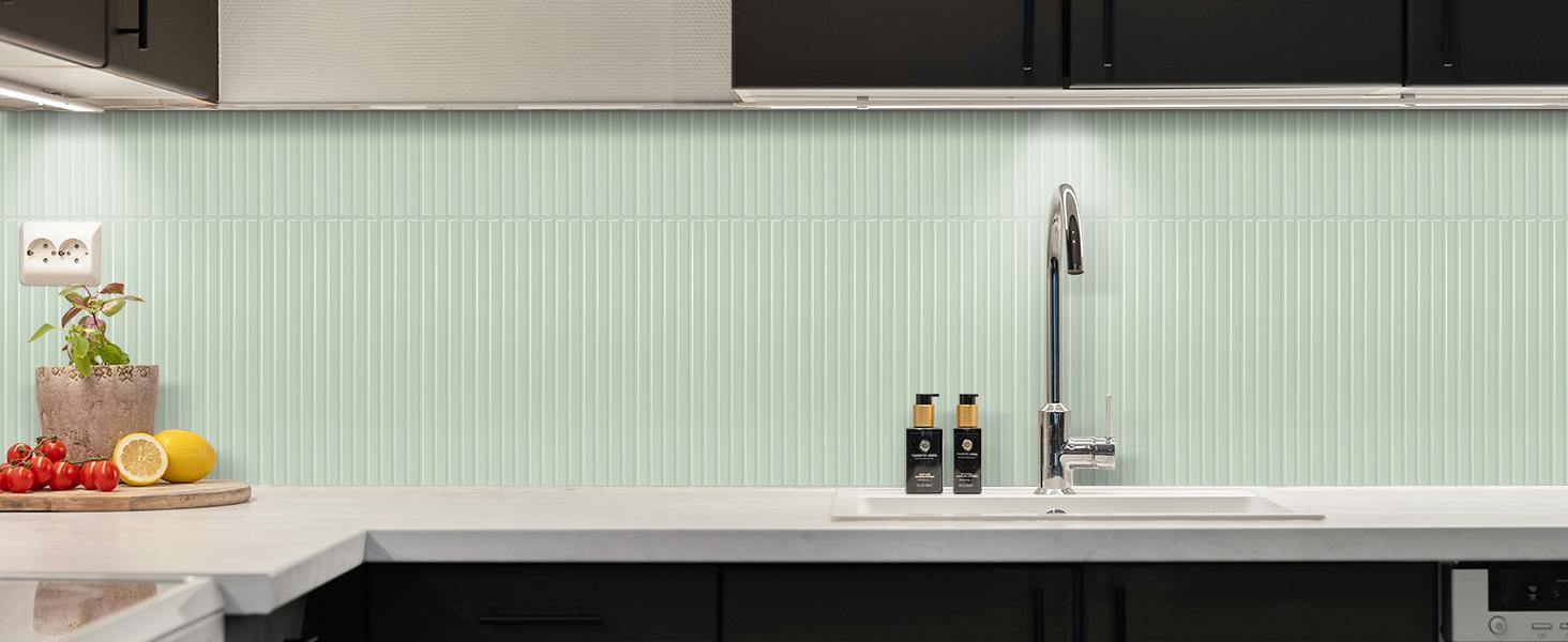 Backsplash Tile Peel and Stick, Self-Adhesive Sage Green Decorative Wall Tiles for Kitchen, Modern Glossy Slatted Design Backsplash Tiles for Kitchen, Bathroom, RVs (11.43x9 inch)