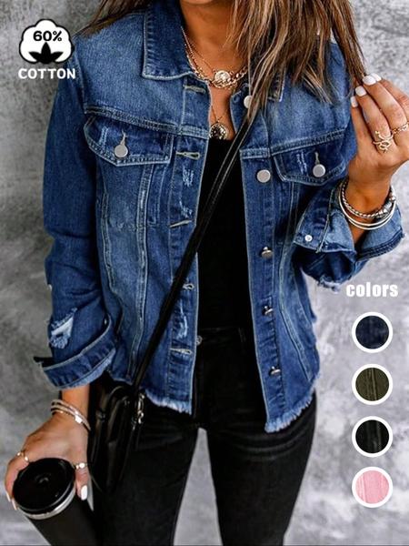 Women's Fall Winter Washed Denim Jacket Coat, Vintage Ripped Long Sleeve Jacket, Casual Autumn Winter Outerwear
