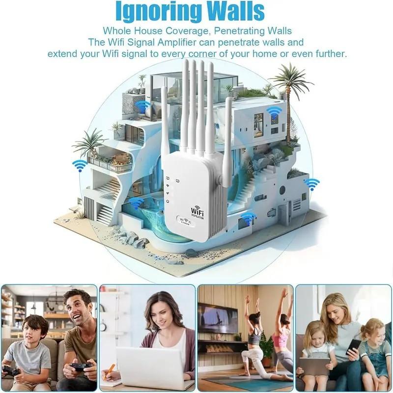WiFi Extender 6 Antennas, 1200mbps Dual Band, Covers 12,000 Sq Ft, 100 Devices, Gigabit Port, Ai Connection, Ideal for Home Office, Remote Work, VR Area