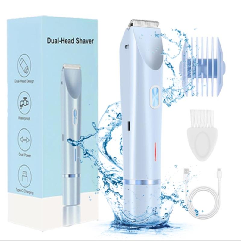 2-in-1 Bikini Trimmer for Women, Cordless Charging Trimmer, Wireless Hair Trimmer, Electric Shaver and Razor Rechargeable Body and Facial Epilator, Dual Heads for Painless Trimming of Pubic Hair and Legs, IPX7 Waterproof, Christmas Gift New Year Gift