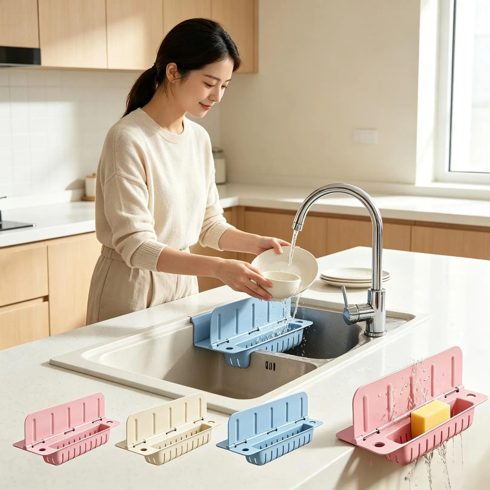 13.9in Foldable Kitchen Water Splash Guard with Removable Suction Cup, Draining Board, Cleaning Tool Organizer Storage Holder, Easy-to-Clean Household Items