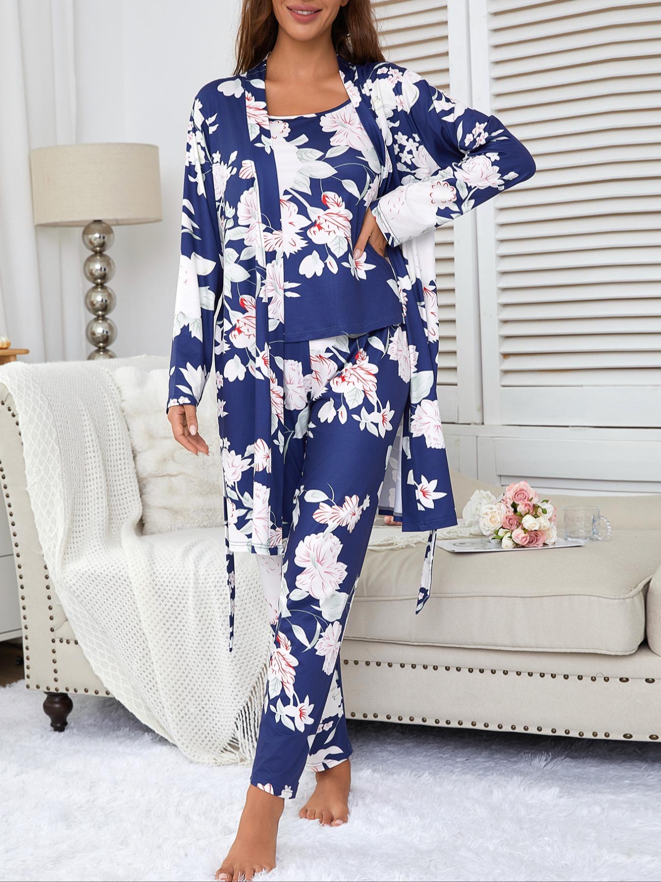 Women's Floral Print Strap Pants Set, Casual Fitted Sleepwear with Belted Long Sleeve Robe, All Season Comfortable Loungewear