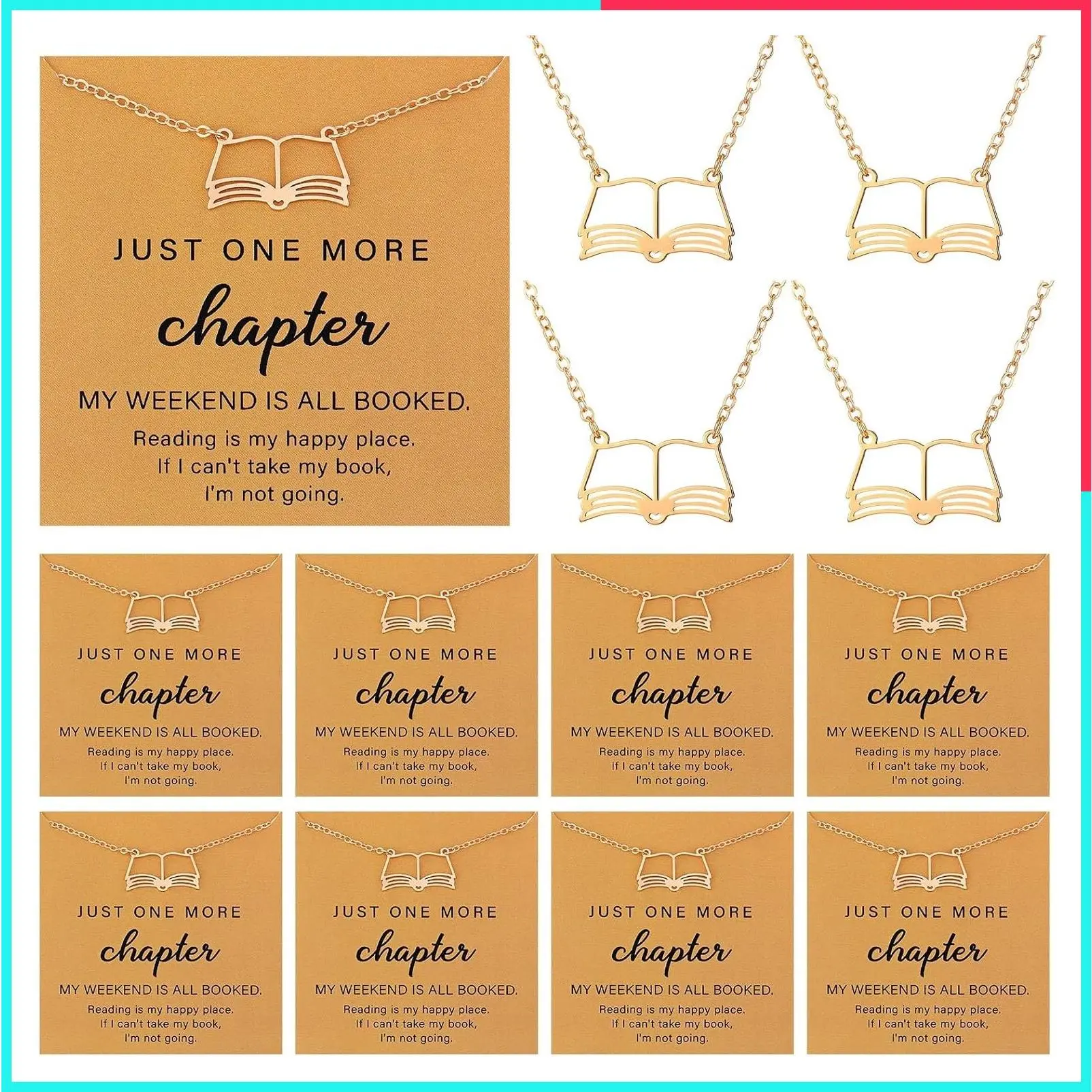 8 Pcs Book Lover Gifts for Women - Open Book Necklace, Bookish Jewelry, Book Club Merch, Librarian Bookworm Christmas Gift with Card