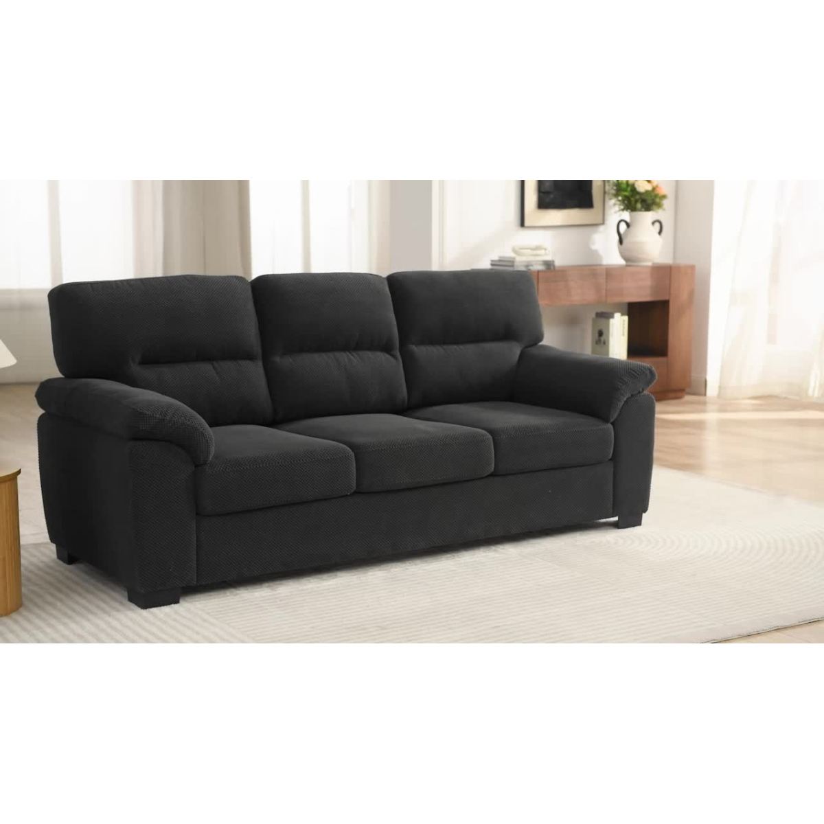 3-Seater Sofa, Camel Upholstered Couch, Modern Living Room Furniture, Textured Fabric Sofa, Minimalist Settee, Comfortable Armchair, Sturdy Frame Sofa