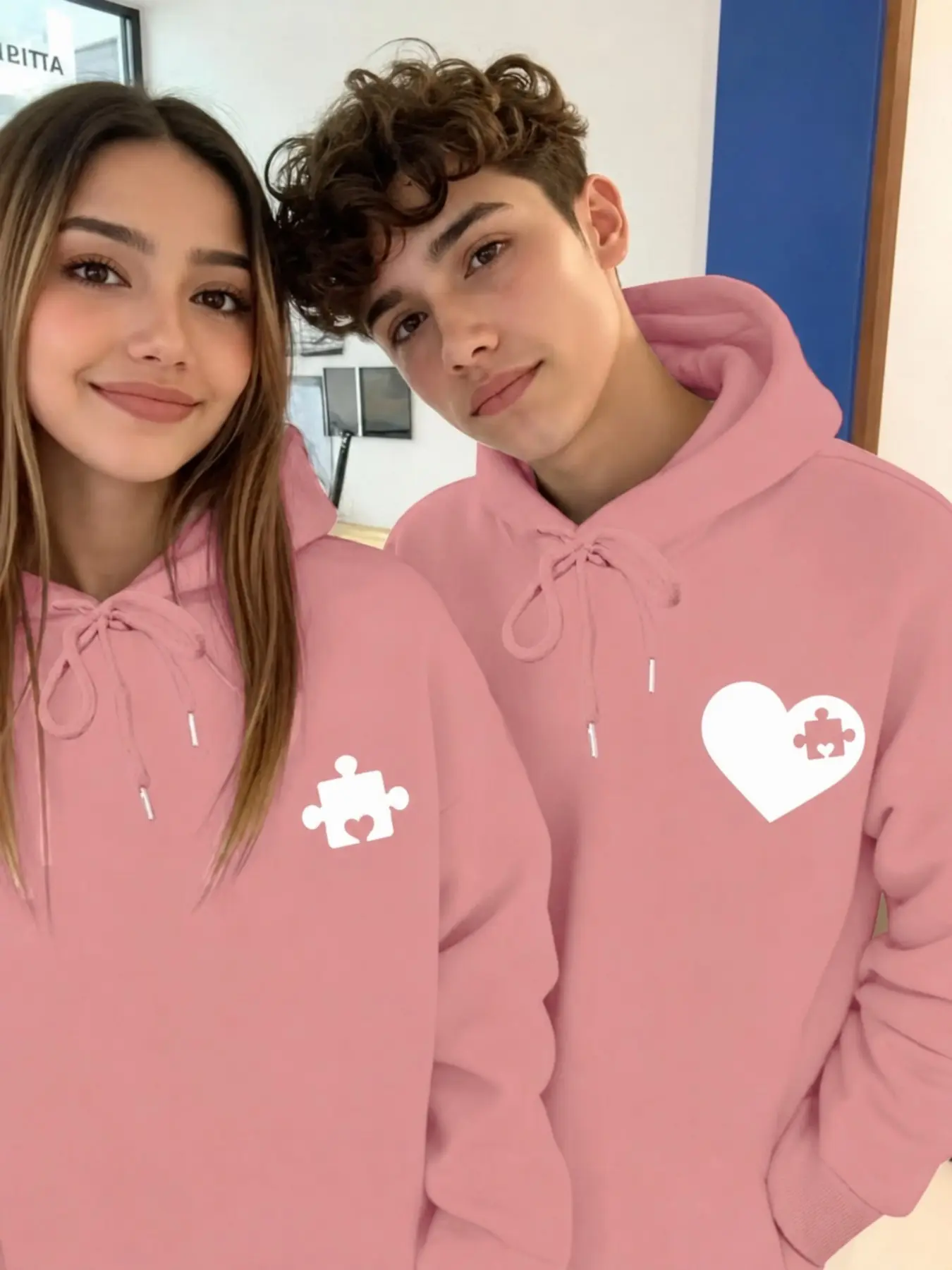 2-Pack Couple Hoodies With Interactive Heart Puzzle Print, Heavyweight Fabric, Minimalist Black Background With White Pattern, Sweet Cool Trendy Oversized Loose Fit, Versatile Daily OOTD Outerwear.