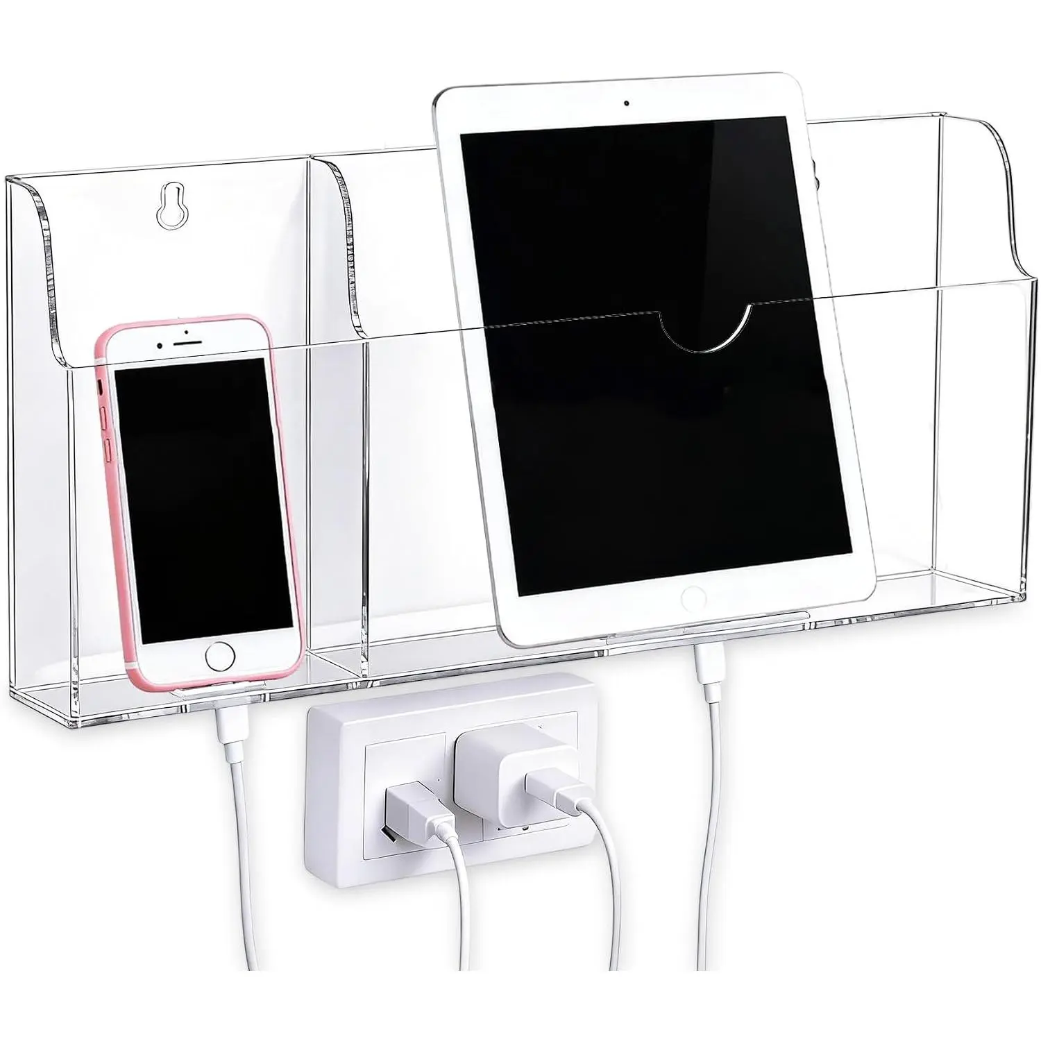 Wall Mounted Phone Holder, Tablet Wall Mount with  Holes, 2 Slots Wall Remote Control Holder for iPad Kindle Laptop, Clear