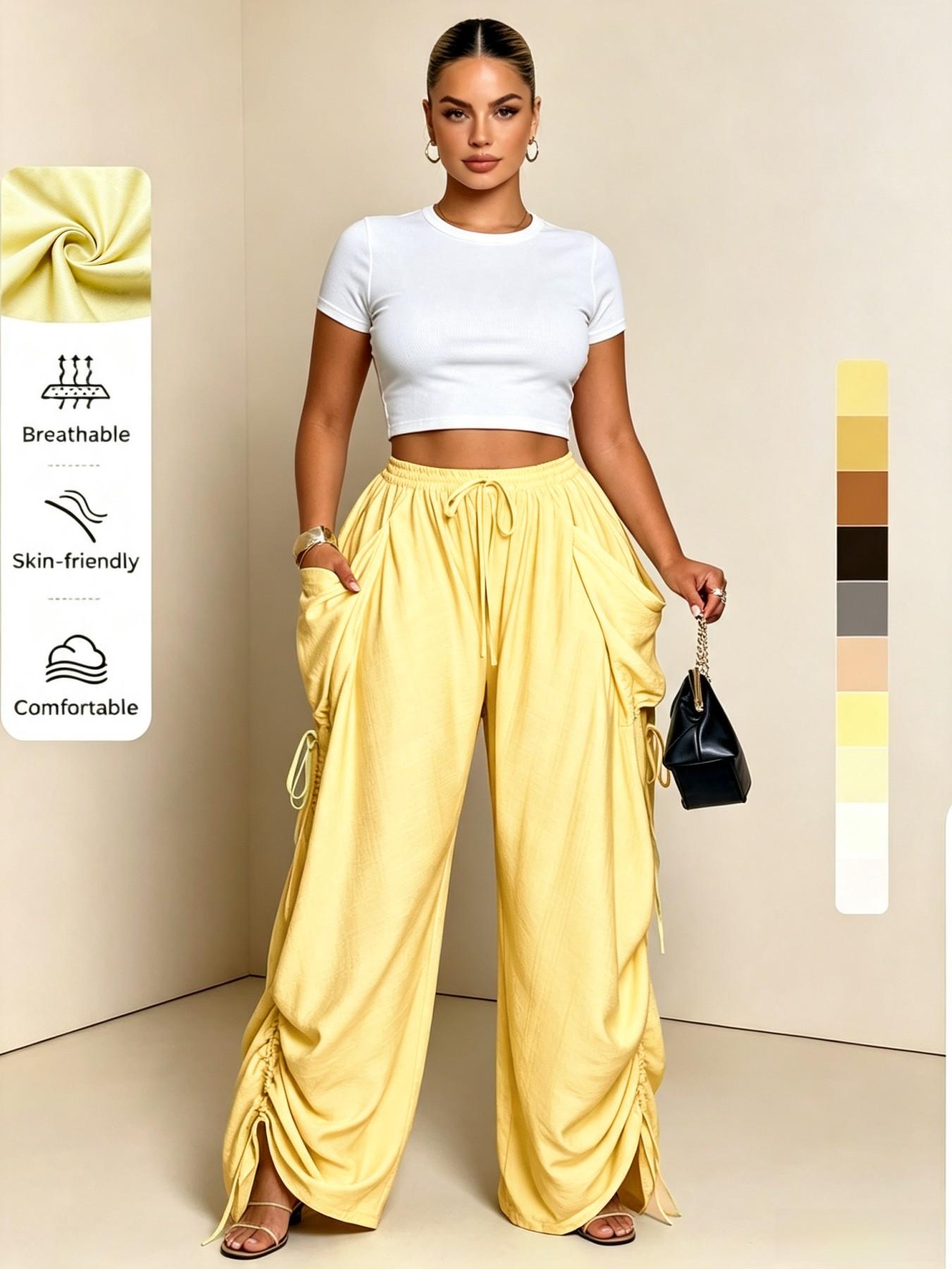 High-Waisted Drawstring Straight-Leg Pants for Women, Casual Comfortable Home Wear, Spring & Fall Fashion, Plain Pattern, Multiple Colors Available