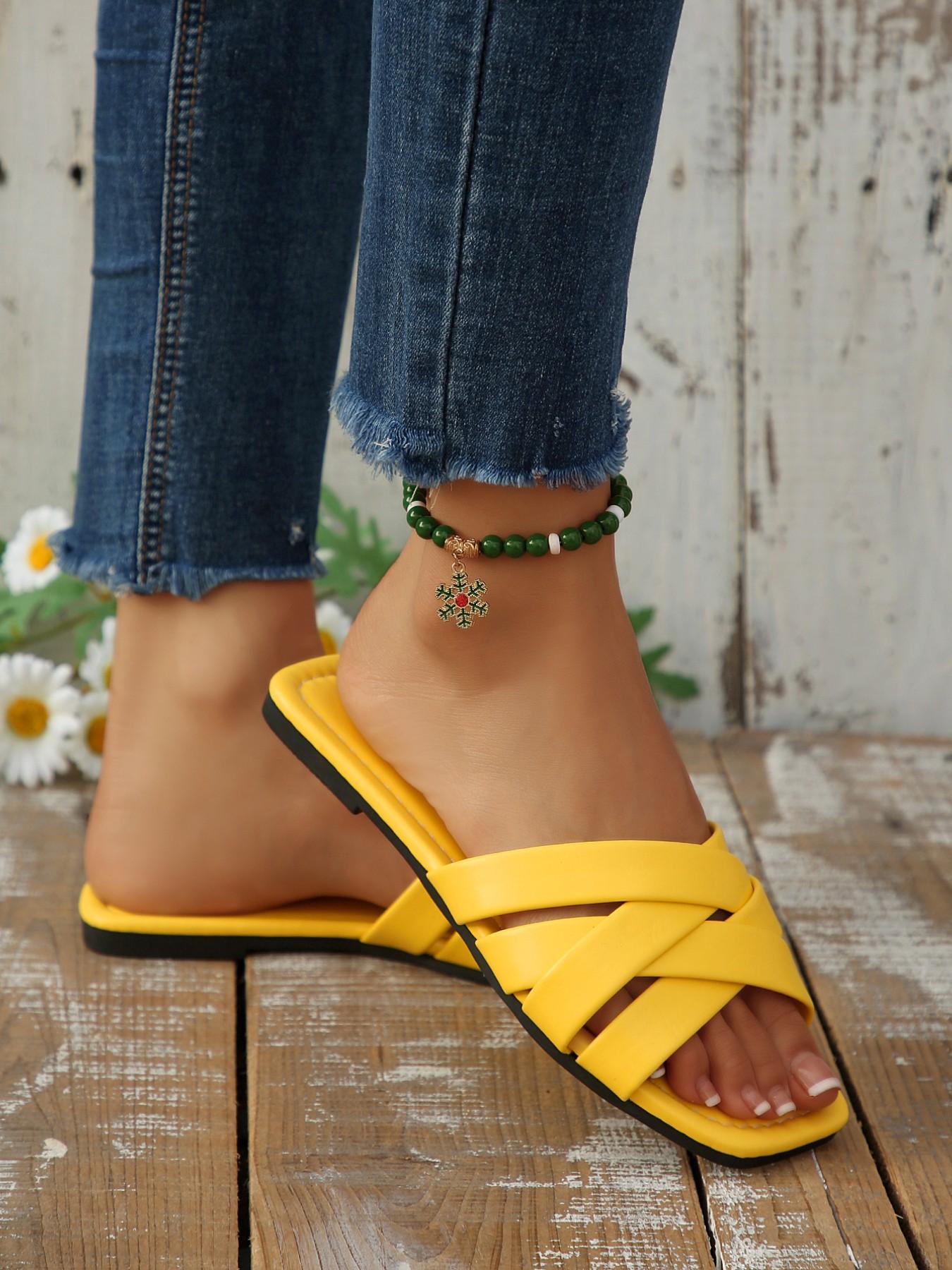 Women's Flat Square Toe Cross-Over Braided Slip-On Shoes, Comfortable Outerwear Footwear, Stylish and Practical Design for Daily Wear