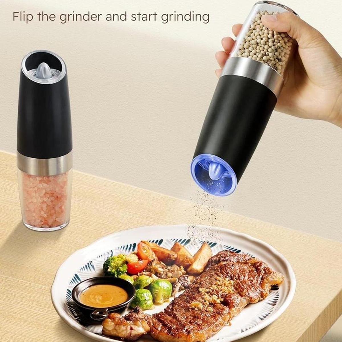 Stainless Steel Gravity Electric Pepper Grinder, Adjustable Coarseness Salt & Pepper Mill with LED Light, Salt Grinder with Brush(Without battery)