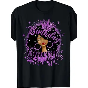 180gS Birthday Queen T Shirt with Glittery Purple & Black Afro Graphic Curly Hair & Queen Crown Design Short Sleeve Round Neck Casual Party Outfit for Birthday Celebrations Machine WashabSame Style 2026 Summer Shirt Sleeved Printed T Shirt 180G