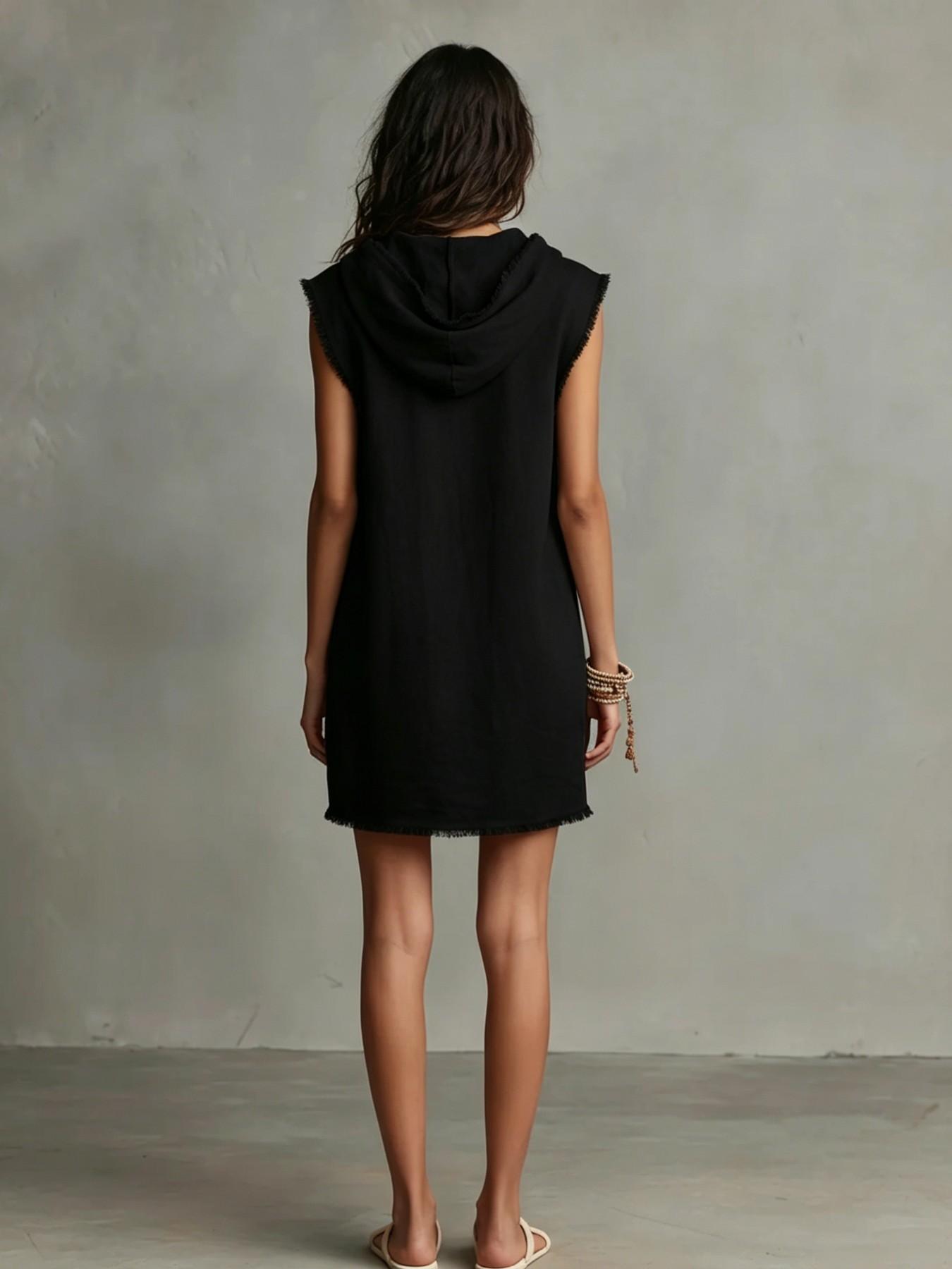 Minimalist Lightweight Linen Blend Sleeveless Dress with Hat, Summer V-Neck Frayed Edge Short Mini Dress, Women's Vacation