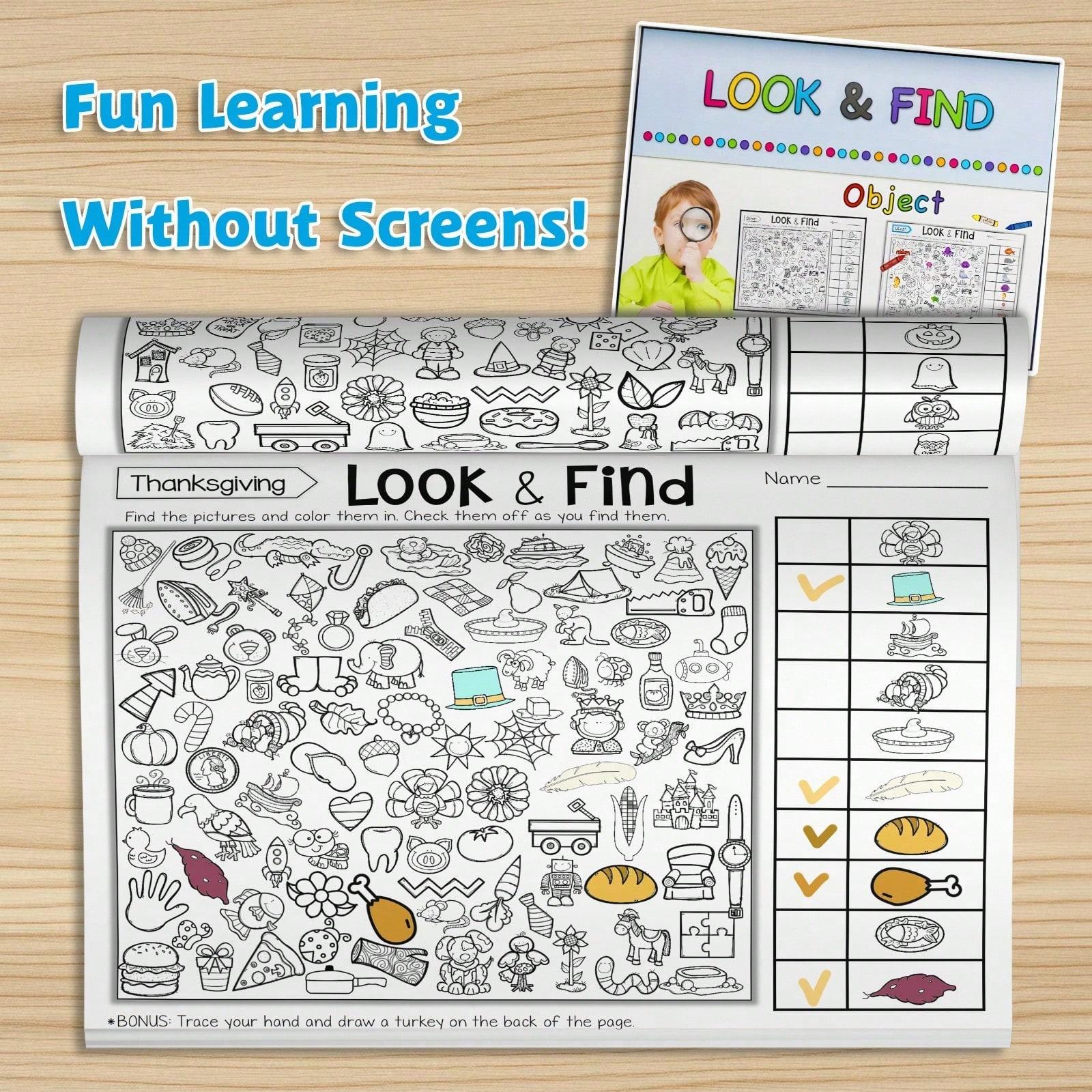Look and Find Activity Workbook, Hidden Objects Search-and-Spot Pages, Alphabet / Objects / Colors & Shapes Themes, Visual Scanning and Observation Practice, Checklist Challenges, Screen-Free Puzzle Fun, Clear Worksheets for Daily Practice