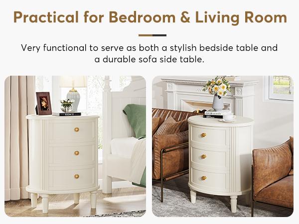 LITTLE TREE Nightstand with 3 Drawers, Oval Bed Side Table for Bedroom, Fully Assembled, Farmhouse Night Stand with Storage, Wooden Side End Table with Solid Wood Legs for Living Room LITTLE TREE Nightstand with 3 Drawers, Oval Bed Side Table for Bedroom, Fully Assembled, Farmhouse Night Stand with Storage, Wooden Side End Table with Solid Wood Legs for Living Room