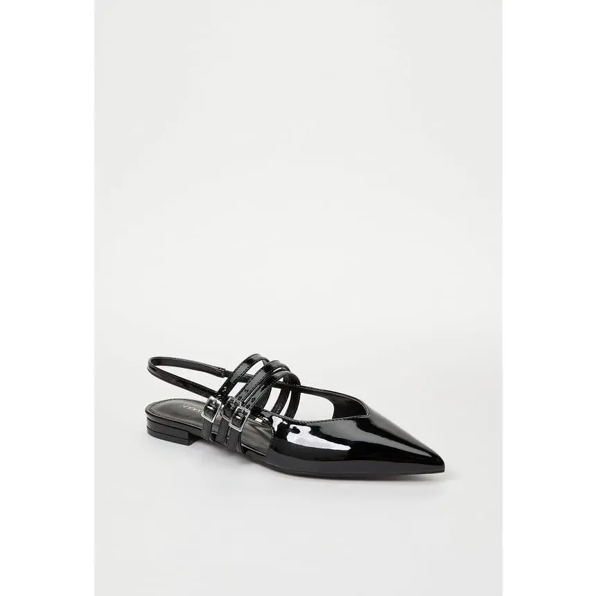 JUST FAB Women's Patent Slingback Flats, Pointed Toe Faux Leather Flats with Multi-Buckle Straps, Low Heel Dressy Shoes for Office & Everyday Wear