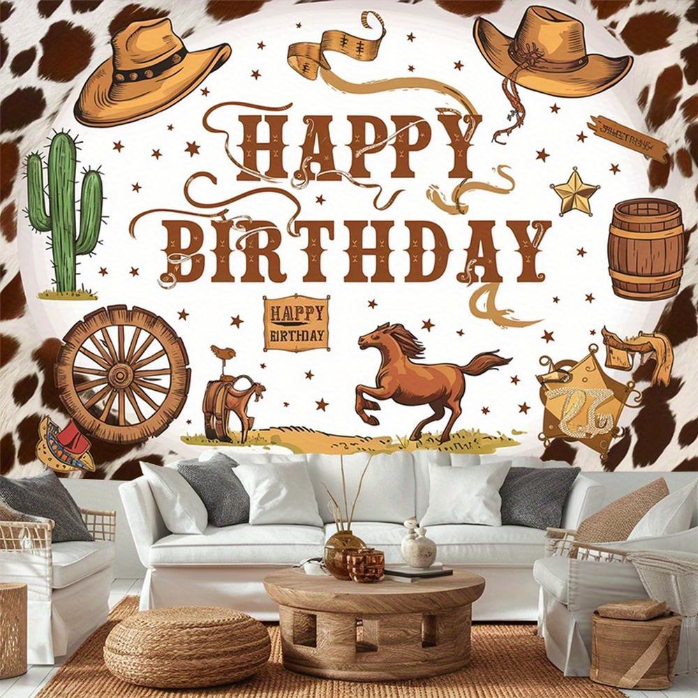 1pc Western Cowboy Birthday Party Banner - Vibrant Polyester Backdrop with "HAPPY BIRTHDAY" Text, Cacti, Horseshoes, and Cowboy-Themed Illustrations for Home, Room, or Wall Decor, Perfect for W