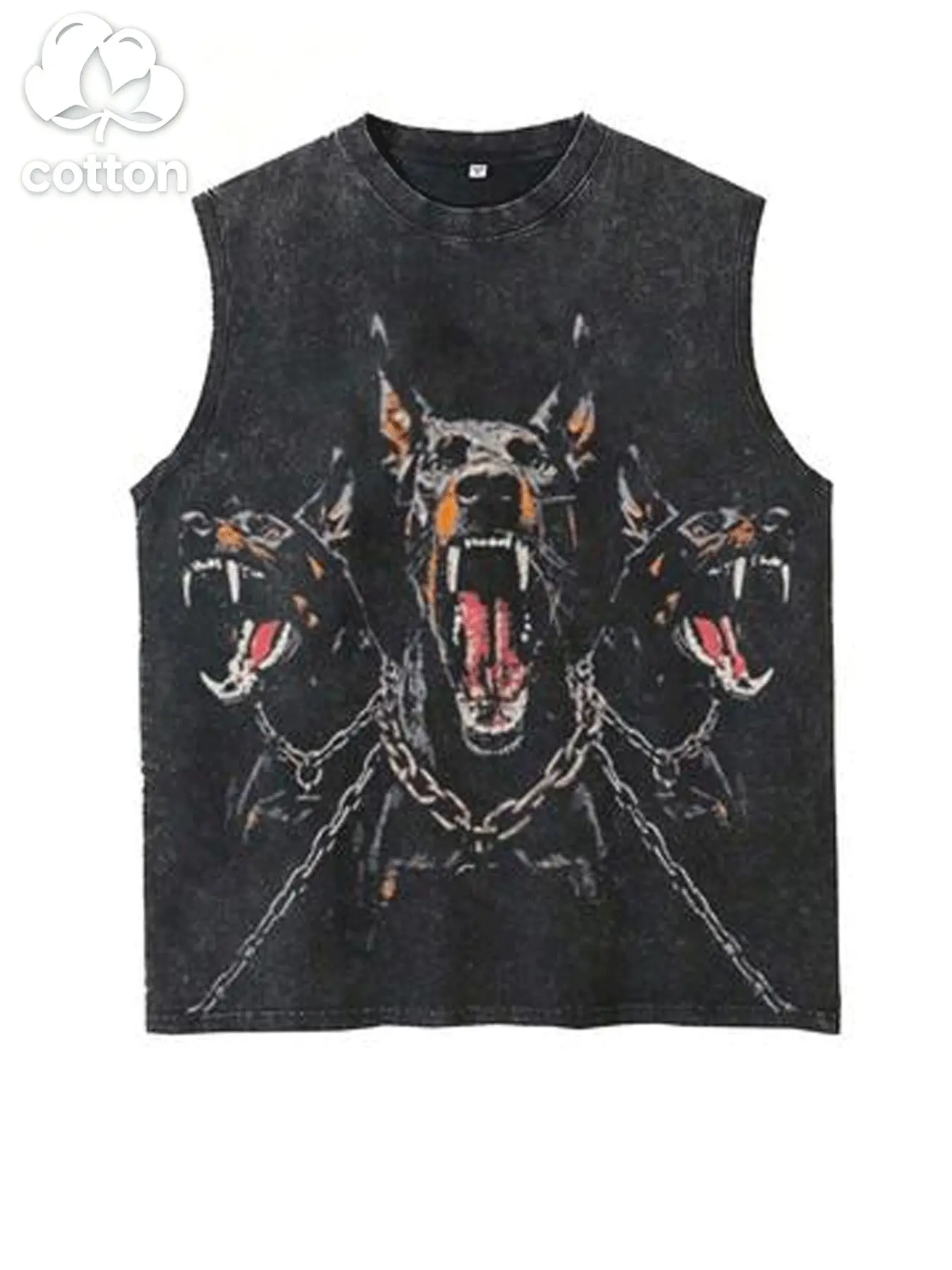 Men's Vintage Cerberus Graphic Print Tank, Streetwear Casual Cutoff Crew Neck Muscle Vest, Retro Dark Mythology Punk Aesthetic Themed, Washed Cotton Fabric, Versatile Daily & Gym Sleeveless Top