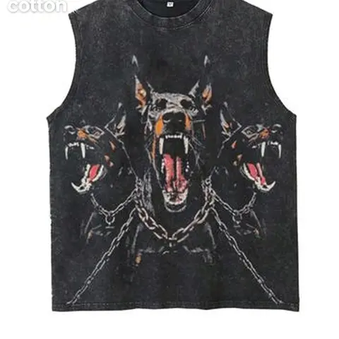 Men's Vintage Cerberus Graphic Print Tank, Streetwear Cutoff Crew Neck Muscle Vest, Retro Dark Mythology Punk Aesthetic Themed, Washed Cotton Fabric, Versatile Daily & Gym Sleeveless Top, Casual Sleeveless Fitted