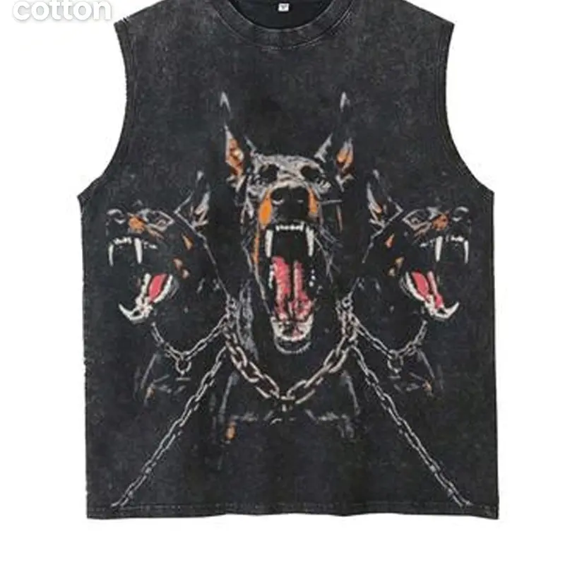 Men's Vintage Cerberus Graphic Print Tank, Streetwear Cutoff Crew Neck Muscle Vest, Retro Dark Mythology Punk Aesthetic Themed, Washed Cotton Fabric, Versatile Daily & Gym Sleeveless Top, Casual Sleeveless Fitted