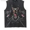Men's Vintage Cerberus Graphic Print Tank, Streetwear Cutoff Crew Neck Muscle Vest, Retro Dark Mythology Punk Aesthetic Themed, Washed Cotton Fabric, Versatile Daily & Gym Sleeveless Top, Casual Sleeveless Fitted