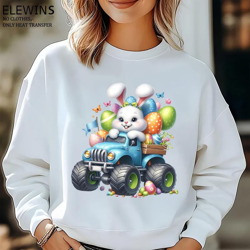 Cute Easter Bunny Riding Monster Truck Iron-On Transfer Stickers, DTF Heat Transfer Vinyl, Unisex Washable DIY Plastic Transfers