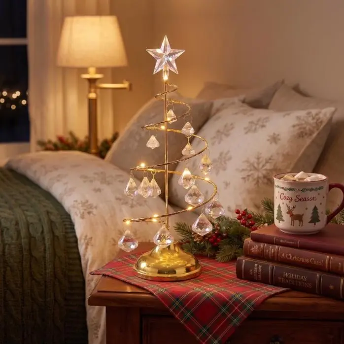 Golden LED Christmas Tree Decoration, Crystal Tree Light with Small & Large Size Options, Festive Home Decor Ornament