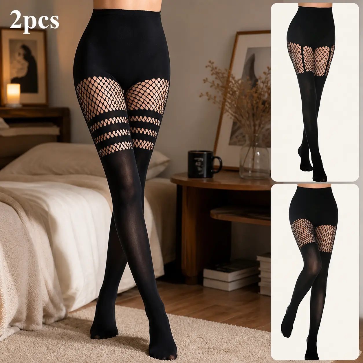 Women's Fishnet Tights High Waist 2 Pack Opaque Panel Mesh Stockings Sexy Pantyhose Party Club Wear for Lolita Cosplay Spooky Sexy Outfit Halloween Costume Tights