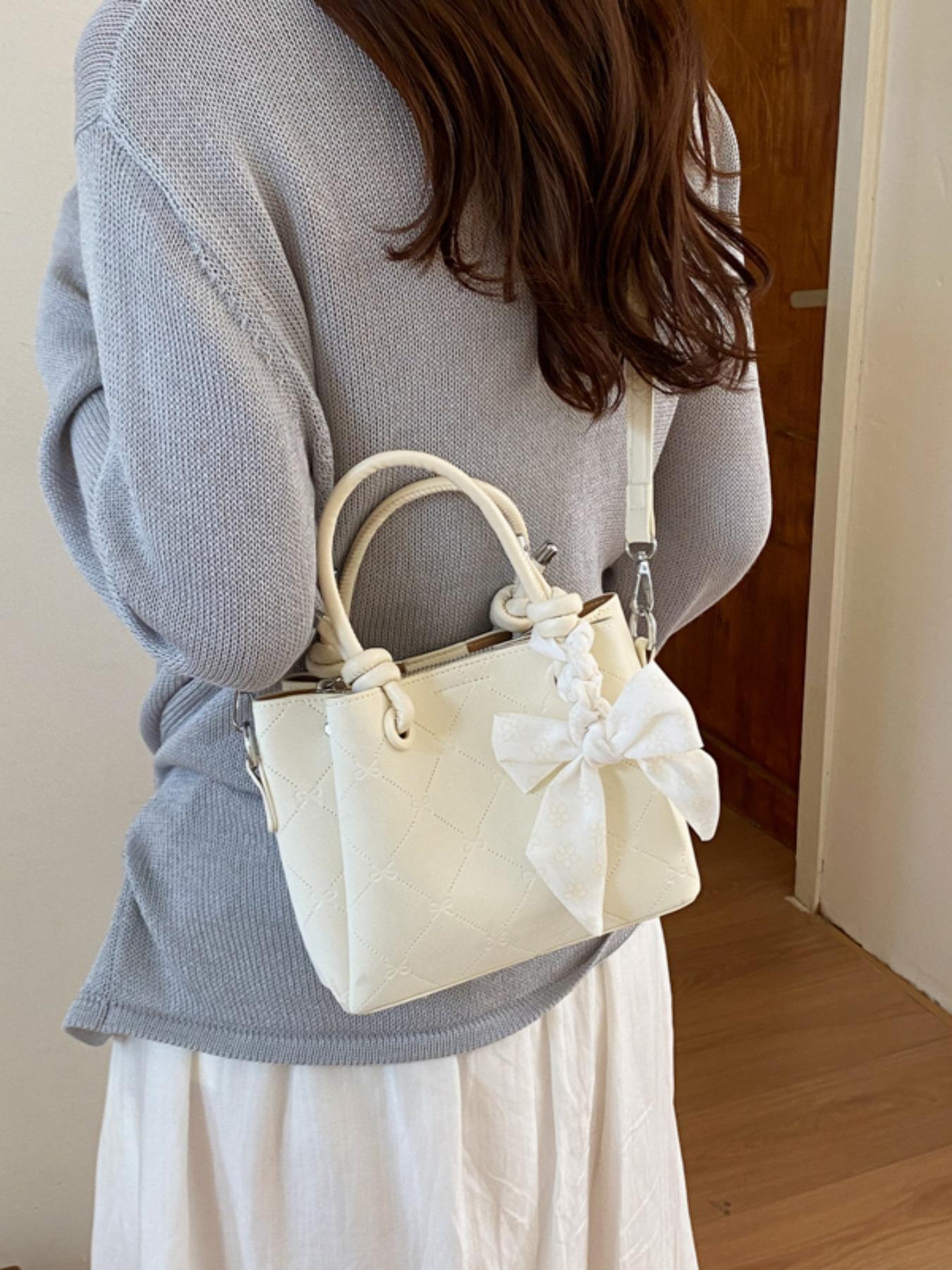 1Powder pink coach bag，Quilted Bucket Bag with Floral Bow Scarf | Dual-Tone Handle Crossbody Tote for Women | Ideal for Daily & Special Occasions