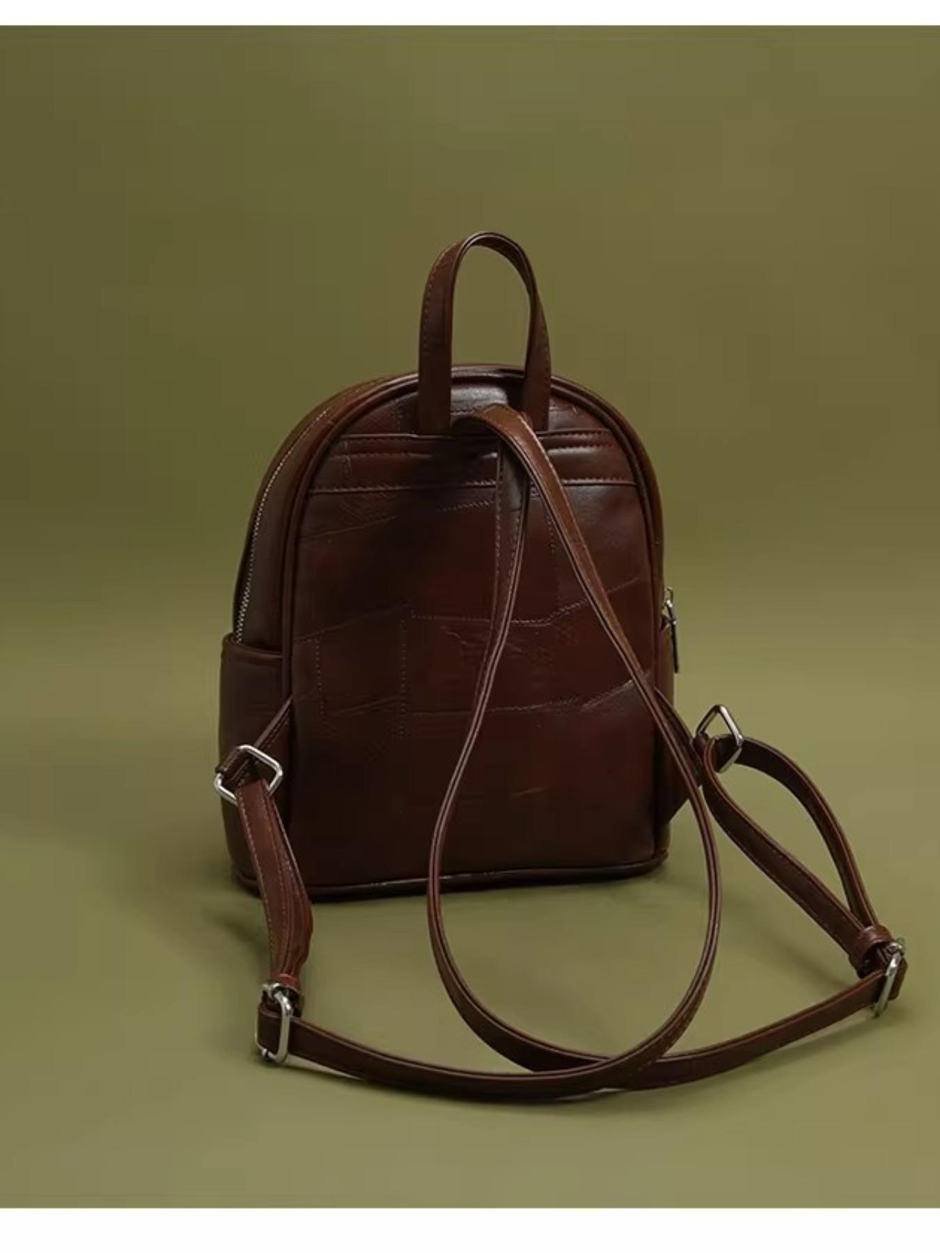 Patchwork leather mini backpack - Women's fashionable casual daily bag; Exquisite and small school schoolbag, with silver hardware and zipper pocket; Versatile soft PU leather backpack, suitable for travel, commuting and daily wear; Douyin best-selling fa