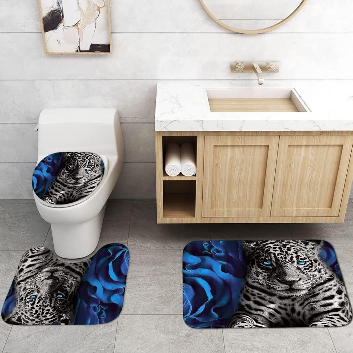 4 Piece Blue Rose and Leopard Bathroom Set with Shower Curtain and Rugs, Toilet Lid Cover and Non-Slip Mat, Blue Shower Curtain with 12 Hooks, Luxury Complete Bathroom Accessories Decor Set