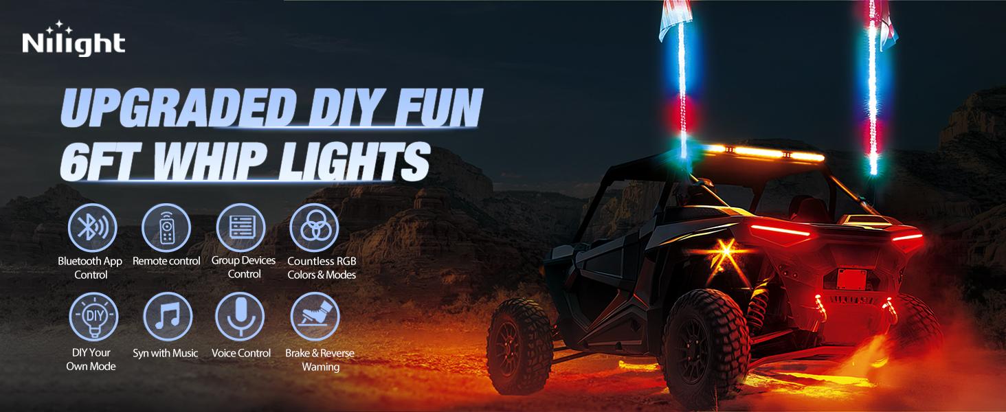Nilight 2PCS 6FT RGB LED Whip Light, Remote & App Control w/DIY Chasing Patterns Stop Turn Reverse Light Safety Antenna Lighted Whips for ATV UTV Polaris RZR Can-am Dune Buggy Jeep dealsforyoudays