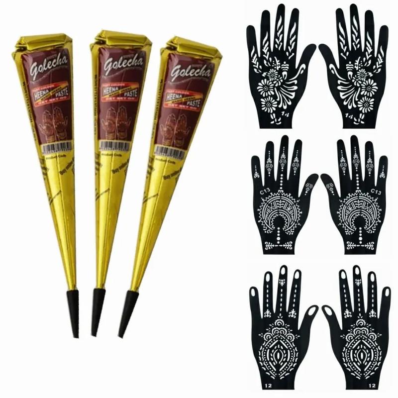 Henna Tattoo Paste Set, 3 Henna Pastes + 6 Temporary Tattoo Stencils, Waterproof Henna Tattoos for Body Art & Nail Designs
