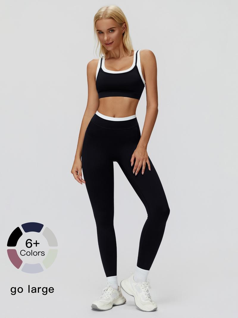 Women's Two-Piece Colorblock Yoga Set, High-Waisted Ribbed Casual Fitness Sportswear, Versatile for Gym Workout