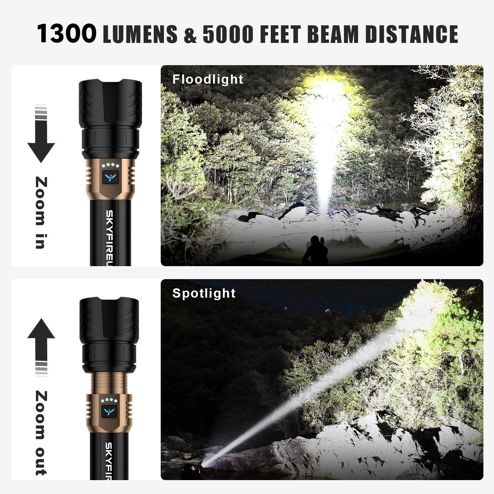 SKYFIRE LED Flashlight – Model 1097, Super Bright Rechargeable Torch with Ignition Lens, Zoomable, 4 Modes, Waterproof Tactical Light for Camping, Outdoor, Home & Gifts
