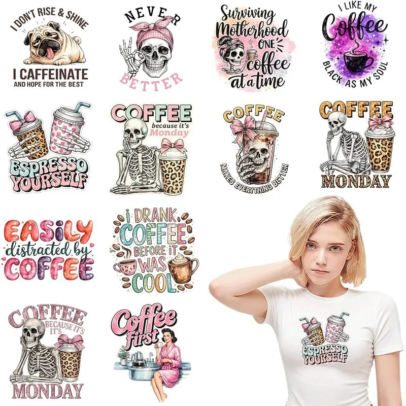 Coffee Lovers Heat Transfer Vinyl Stickers 12 Pack, Funny Caffeinated Sayings Design, Dark Cute Sarcastic Iron-On Decals for T-Shirts, Totes, Apparel DIY