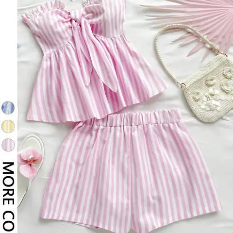 Women's Striped Two-Piece Set, Lounge Set, Ruffle Halter Top + High-Waisted Shorts, Cute for Daily Wear, Loose-Fitting, Regular Length, Ruffled