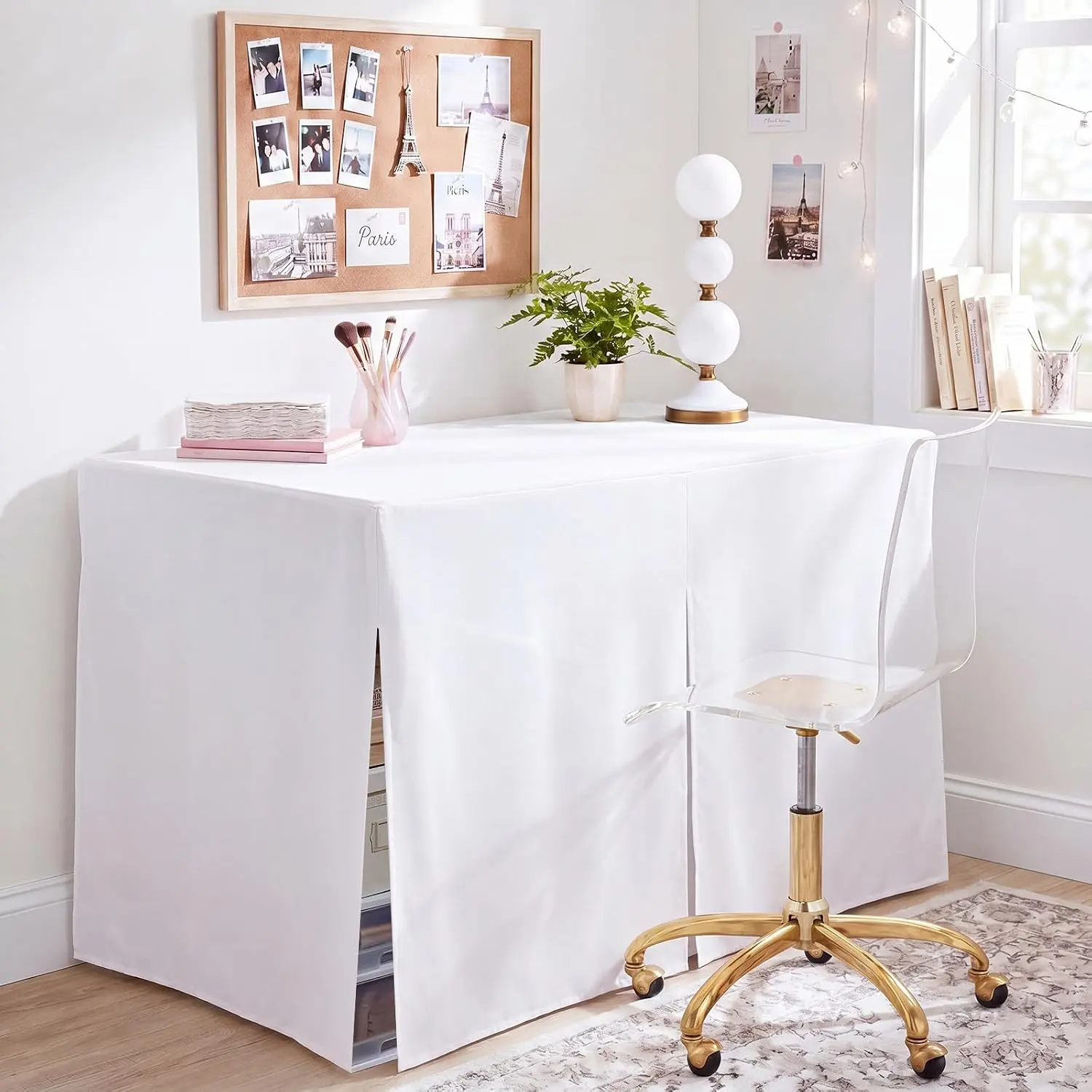 HunnmingRe 42" L X 30" H X 24" W Dorm Desk Skirt Desk Cover Table Skirt White Tablecloth for Tables Machine Washable Woven Twill Table Cover for Dorm, Party, Wedding, Banquet