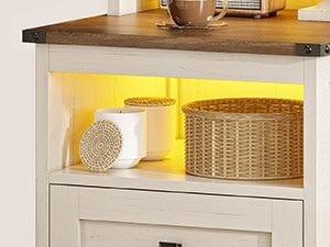 Sikaic Tall Nightstand with Charging Station and Bookshelf White Farmhouse Bedside End Side Table with Led, 2 Drawers, 6 Hooks and Storage Shelves for Bedroom