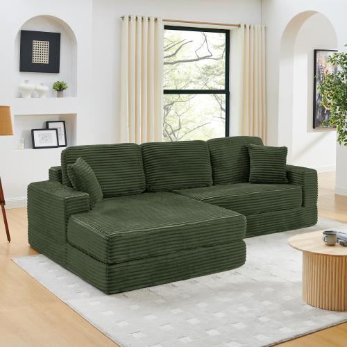 [2 packing delivery] Niccae Left Seat L-Shaped Sectional Sofa, Compressed Corduroy, Modern Minimalist Design,Converts to Bed,Space-Saving&Comfortable,(Ships in 2 Packages)