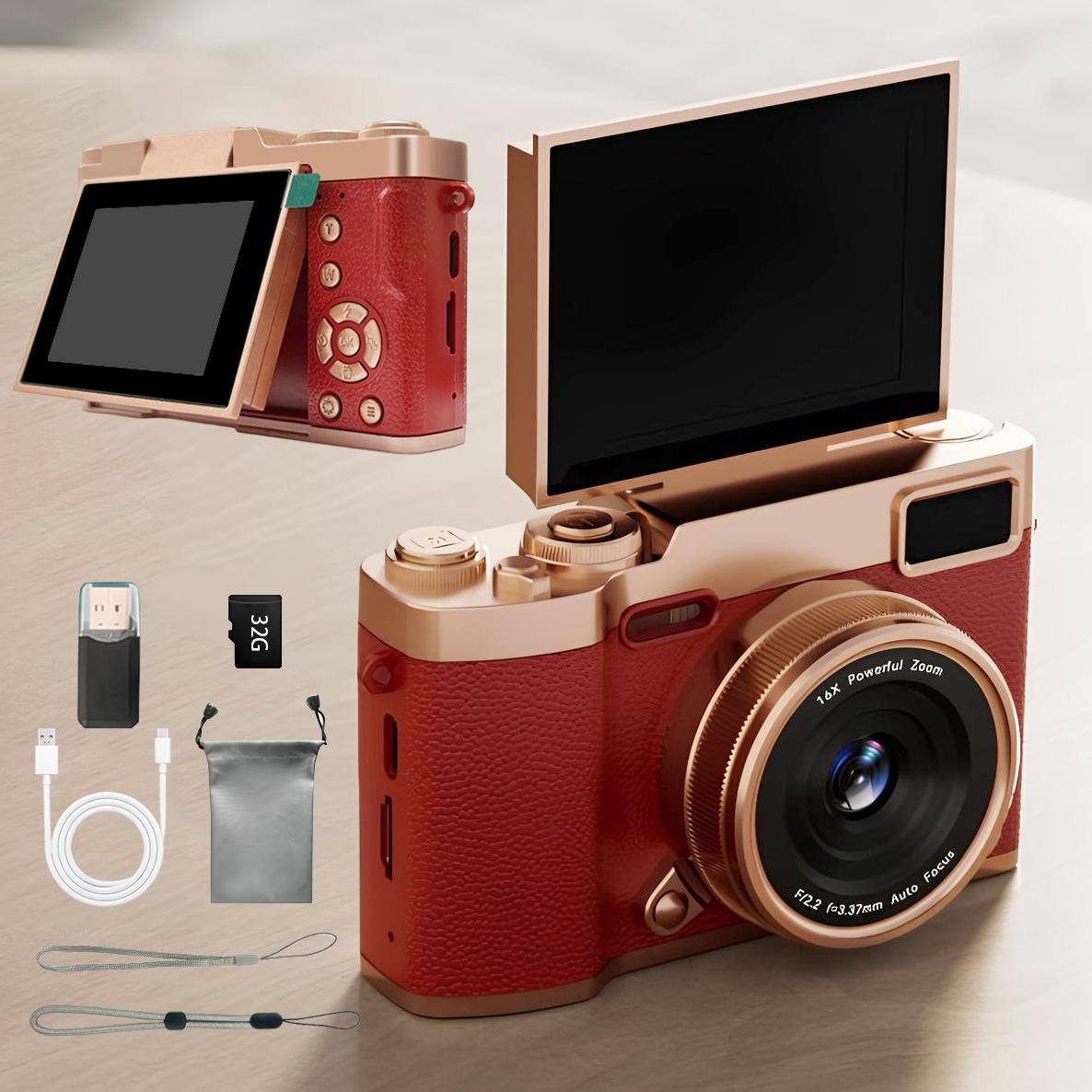 Flip-Screen CCD Camera, Entry-Level Student Pocket Camera with Memory Card, Portable Selfie Digital Camera for Teenagers and Back-to-School Season