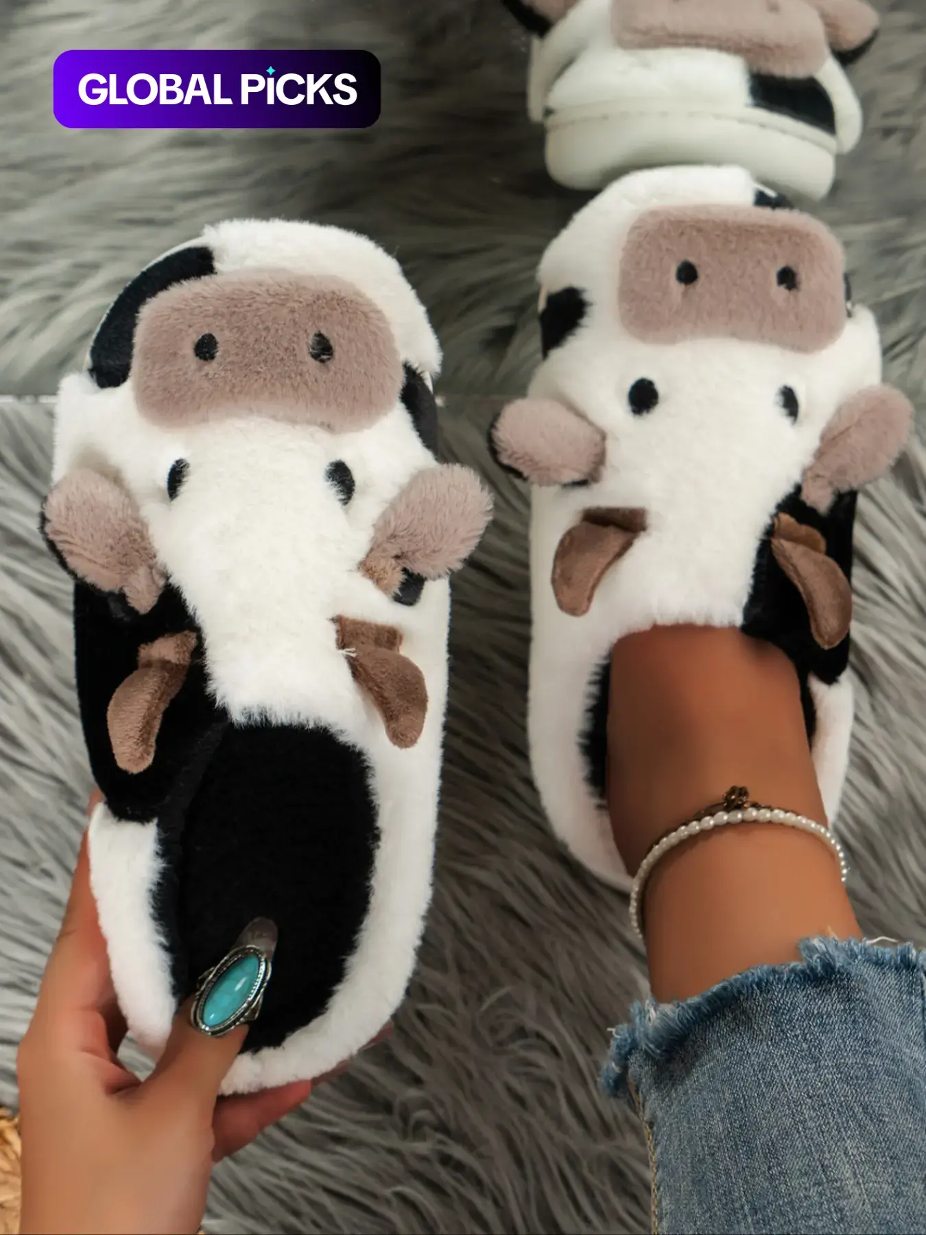 Women's New Fashion Trendy Cartoon Cow Head Indoor Outdoor Cotton Non Slip Slippers, Winter Casual Warm Home Shoes, Anti-Slip Lightweight Unisex