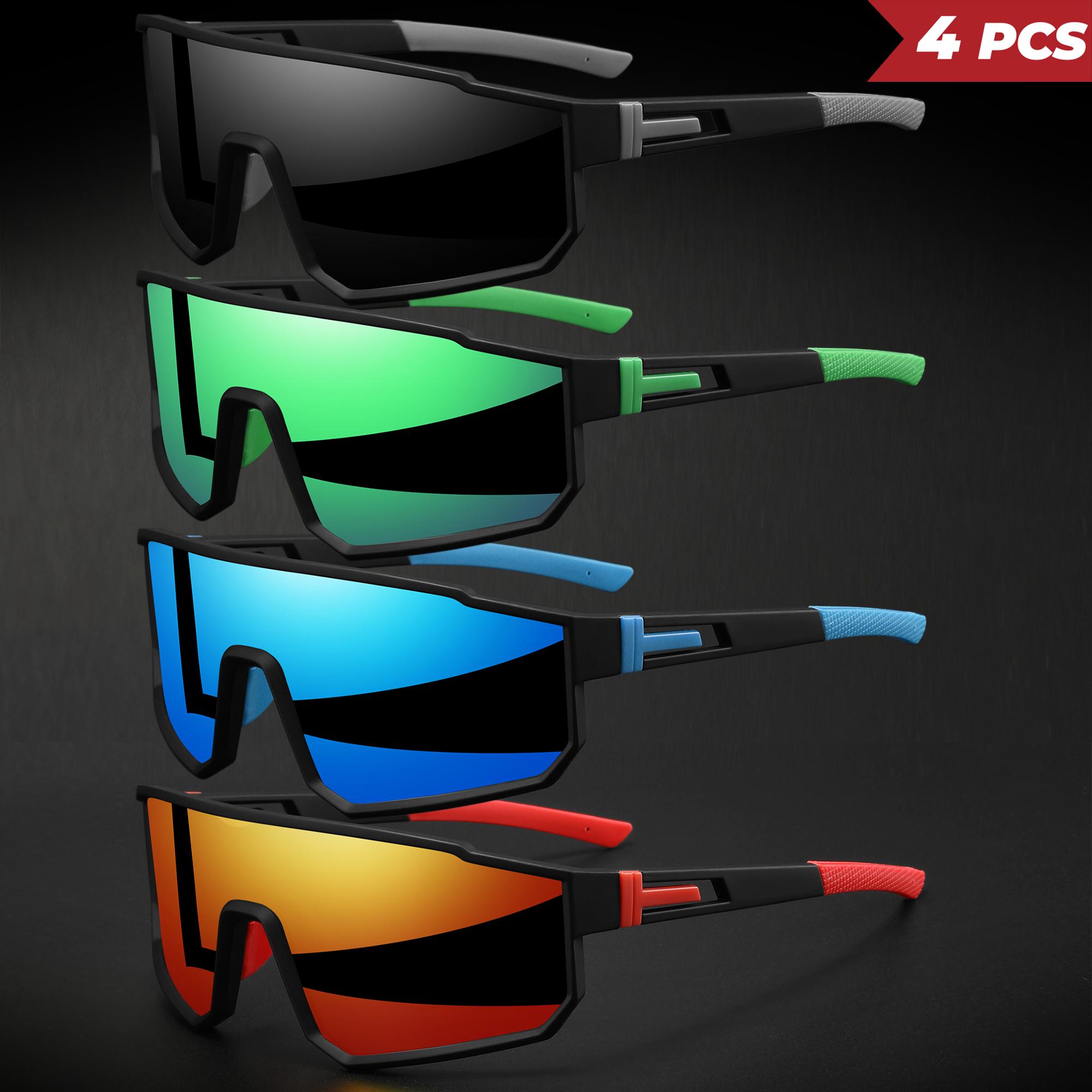 XUH 4PCS Unisex Oversized Sports Cycling Sunglasses, Colorful Wraparound UV400 Protection Windproof Glasses, Comfort Fit for Cycling Hiking Outdoor Sports,summervibes